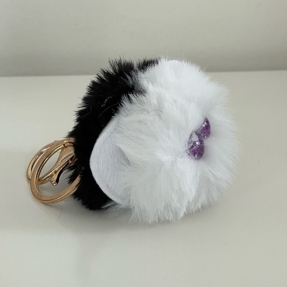 Black & White Character Fluffy Pom Pom Keychain Accessory with Purple Heart Eyes - Picture 11 of 12